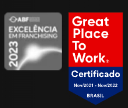 Selo ABF Excelência em Franchising 2023 e certificado Great Place To Work